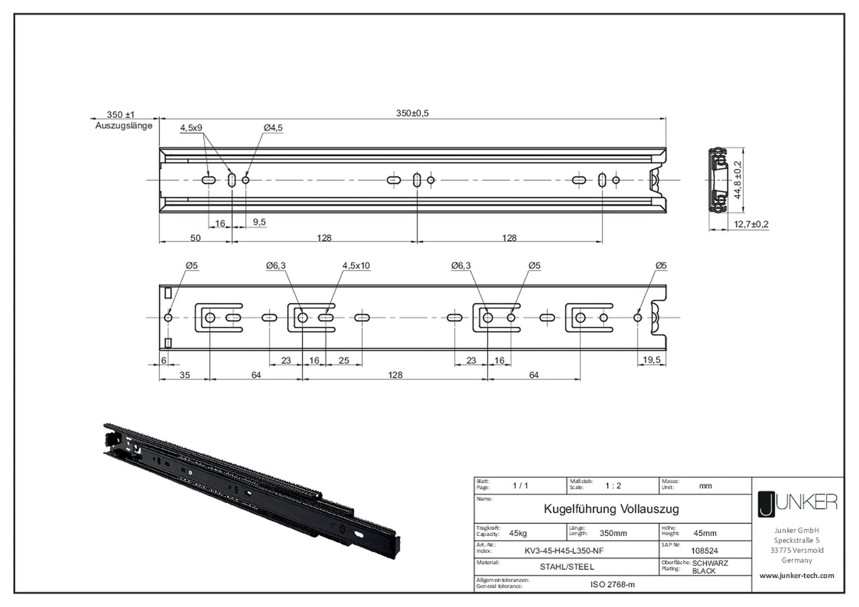 SOTECH 1 Paar Vollauszüge KV3-45-H45-L350-NF schwarz 350 mm (eingeschoben) Tragkraft 45 Kg