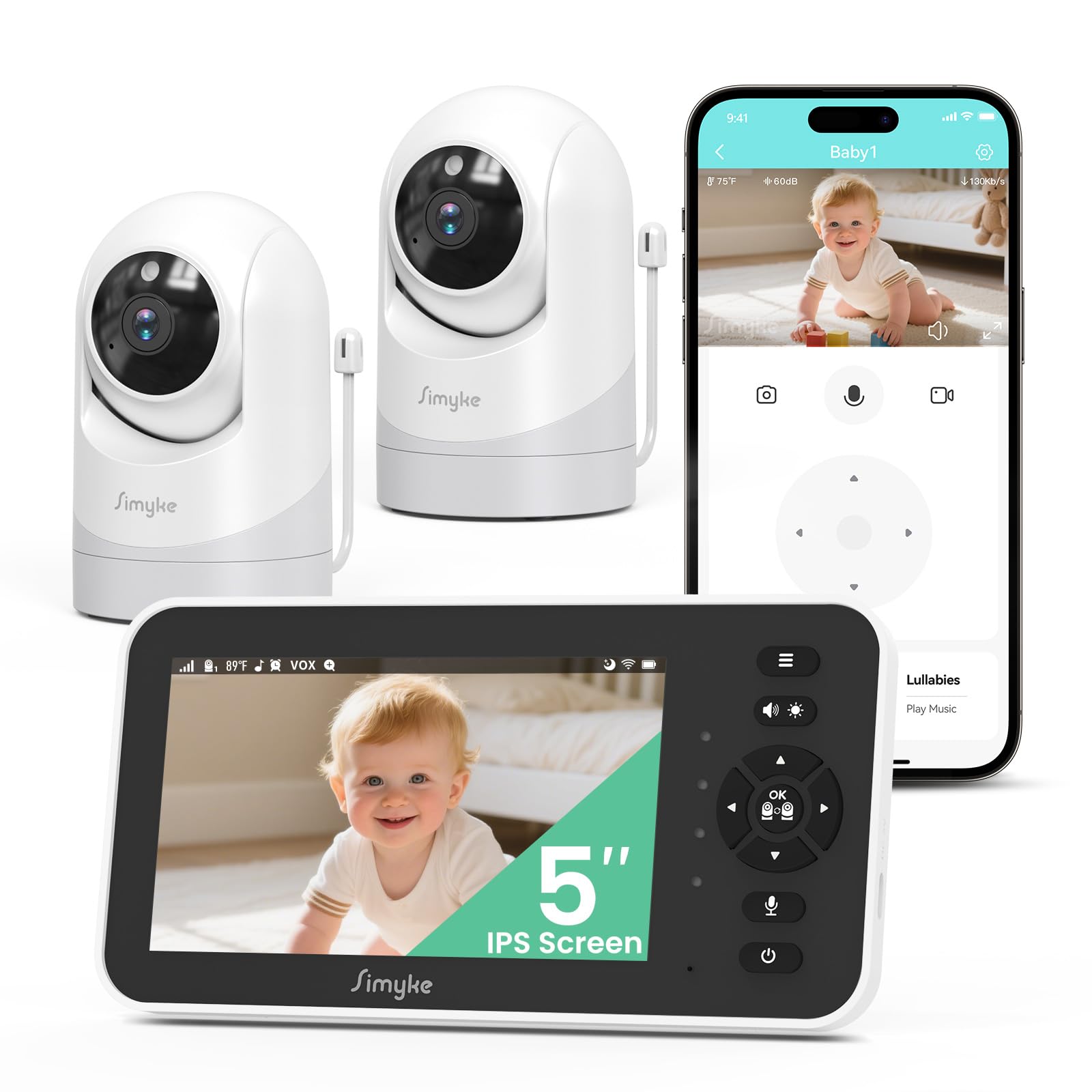 Simyke Moniteur Vidéo pour Bébé, 2 Caméras, Écran IPS 5'' HD, Contrôle App, Vision Nocturne, Alertes Mouvement, Conversation Bidirectionnelle, Accès Multi-Utilisateur, Sécurité Triple