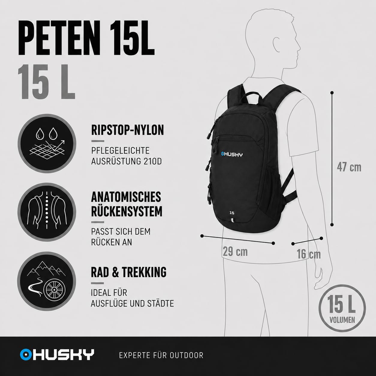 Husky Plecak rowerowy 15 l – lekki, wytrzymały i wodoszczelny plecak outdoorowy z dużą ilością miejsca do przechowywania, komfortowy system i pokrowiec przeciwdeszczowy, do jazdy na rowerze, trekkingu