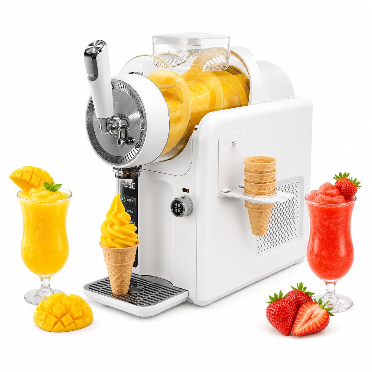 HCAUYNN Slush Machine No Ice Needed, 2L Ice Cream Maker and Slushy Maker, Self-Chilling Beverage Machine with 5 Presets, Auto Clean, LED Display for Home & Family Use White
