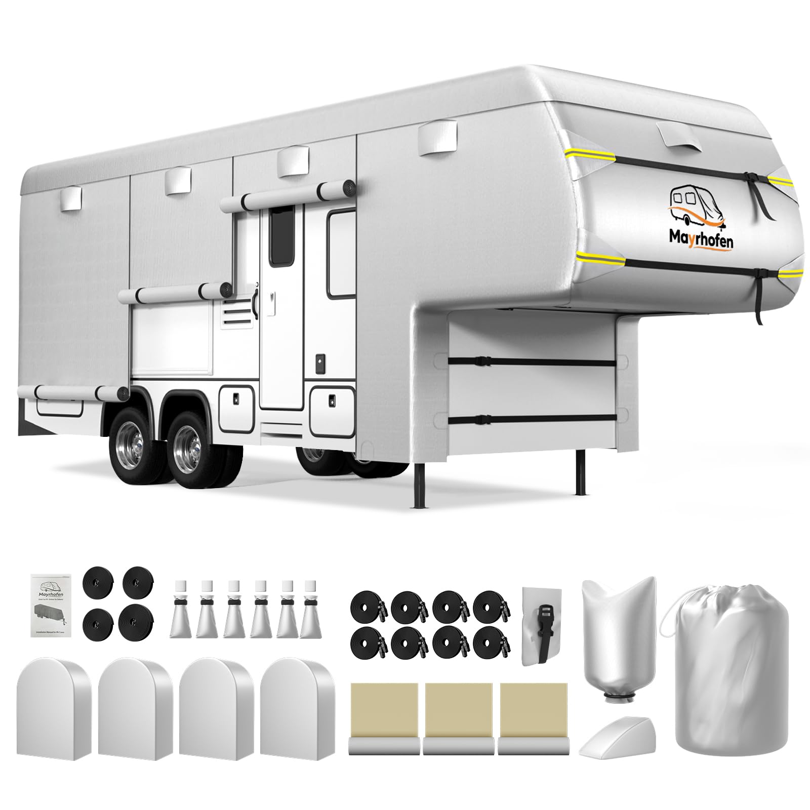 600D Oxford Fabric 5th Wheel Cover 26-29ft RV Cover, 6 Layers Breathable Waterproof Rip-Stop Camper Cover with Adhesive Repair Patches, Gutter, Tire & Additional Straps