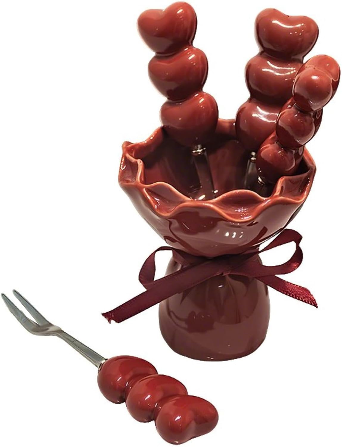 Set of 4 Stainless Steel Fruit Forks Cute Heart Shape Mini Food Pick Forks with Flower Shape Ceramic Holder,Red