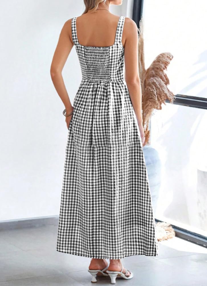 chouyatou Women's Summer Plaid Smocked Back Dress Spaghetti Strap Swing Flowy Maxi Long Beach Dress - Image 3