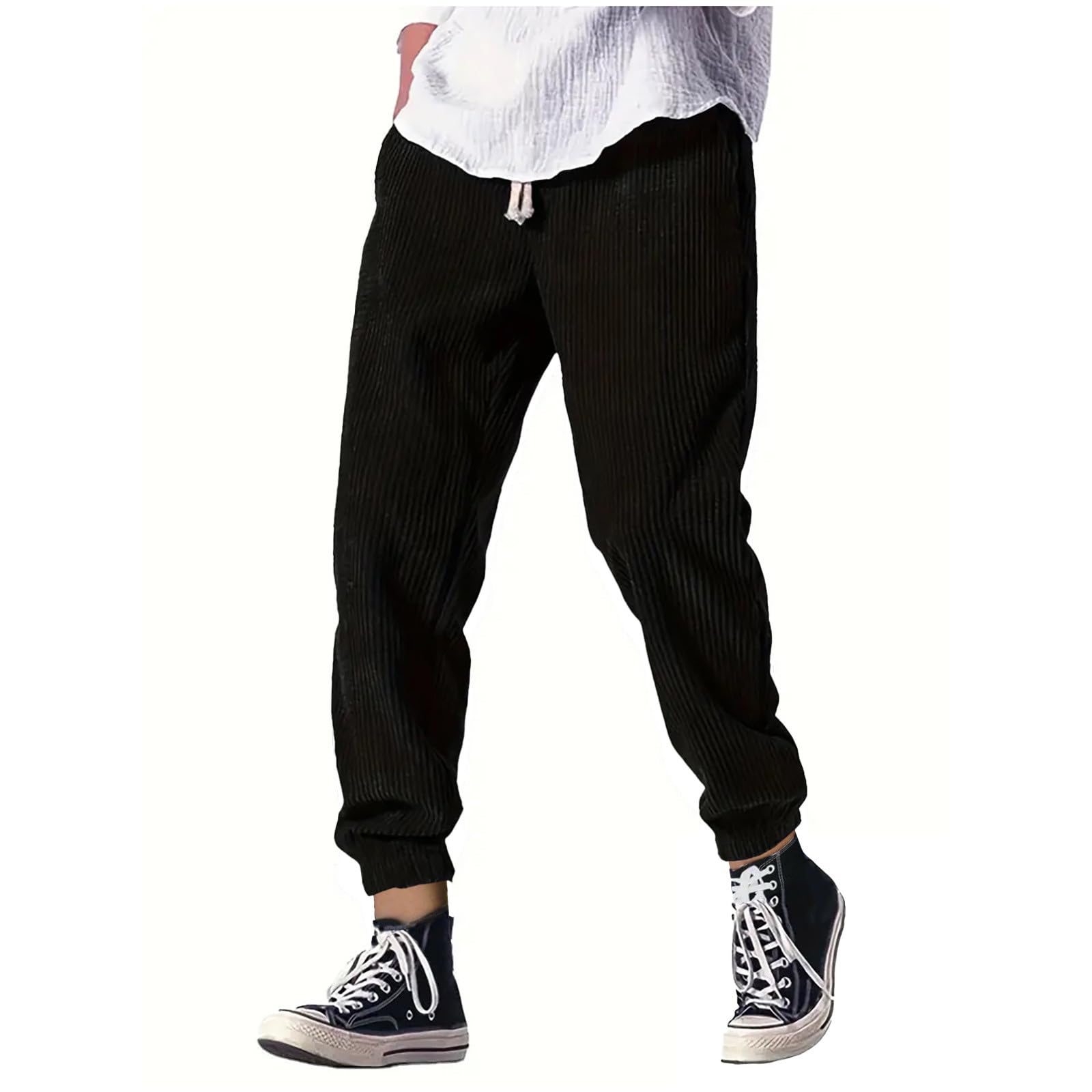 Pantaloni Baggy Uomo Primavera, Pantaloni Uomo Eleganti in Velluto A Coste Largo Taglio Dritto, Modello con Vita Elasticizzata E Cordino, Casual Pantalone Giapponesi Colore Solido