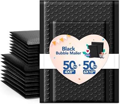 GSSUSA Bubble Mailer 100 Pack Small Padded Envelope with 4x8 & 6x10 Strong Adhesion Cute Padded Mailer,Self-Seal Bubble Envelope Mailing for Small Business, Black Bubble Mailers Shipping Envelopes