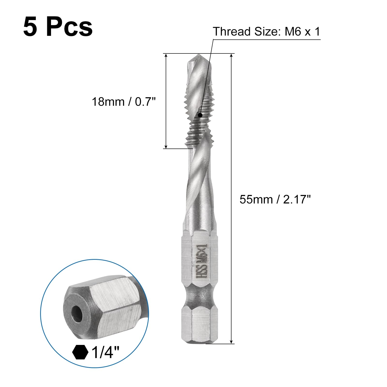 QUARKZMAN 5pz Punte Trapano Maschiatura Combinate M6 x 1 Gambo Esagonale 1/4" Kit Utensili Acciaio Rapido