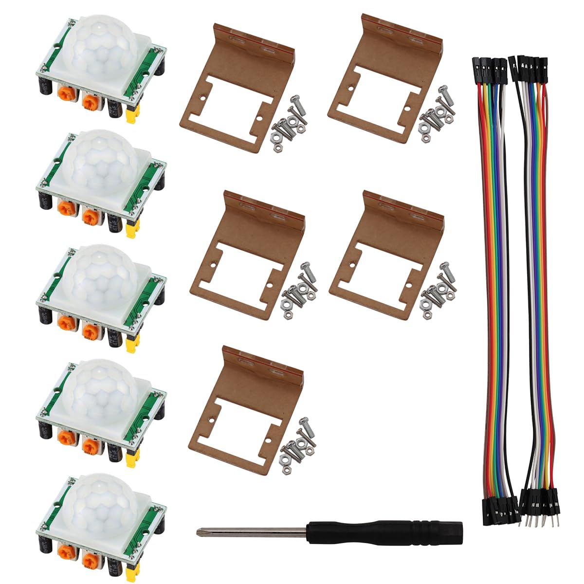 VKLSVAN 5PCS HC-SR501 Infrared PIR Motion Sensor Human Body Sensor Module + 5PCS Bracket Case Holder + Screwdriver + 10 x Female + 10 X Male Jumper