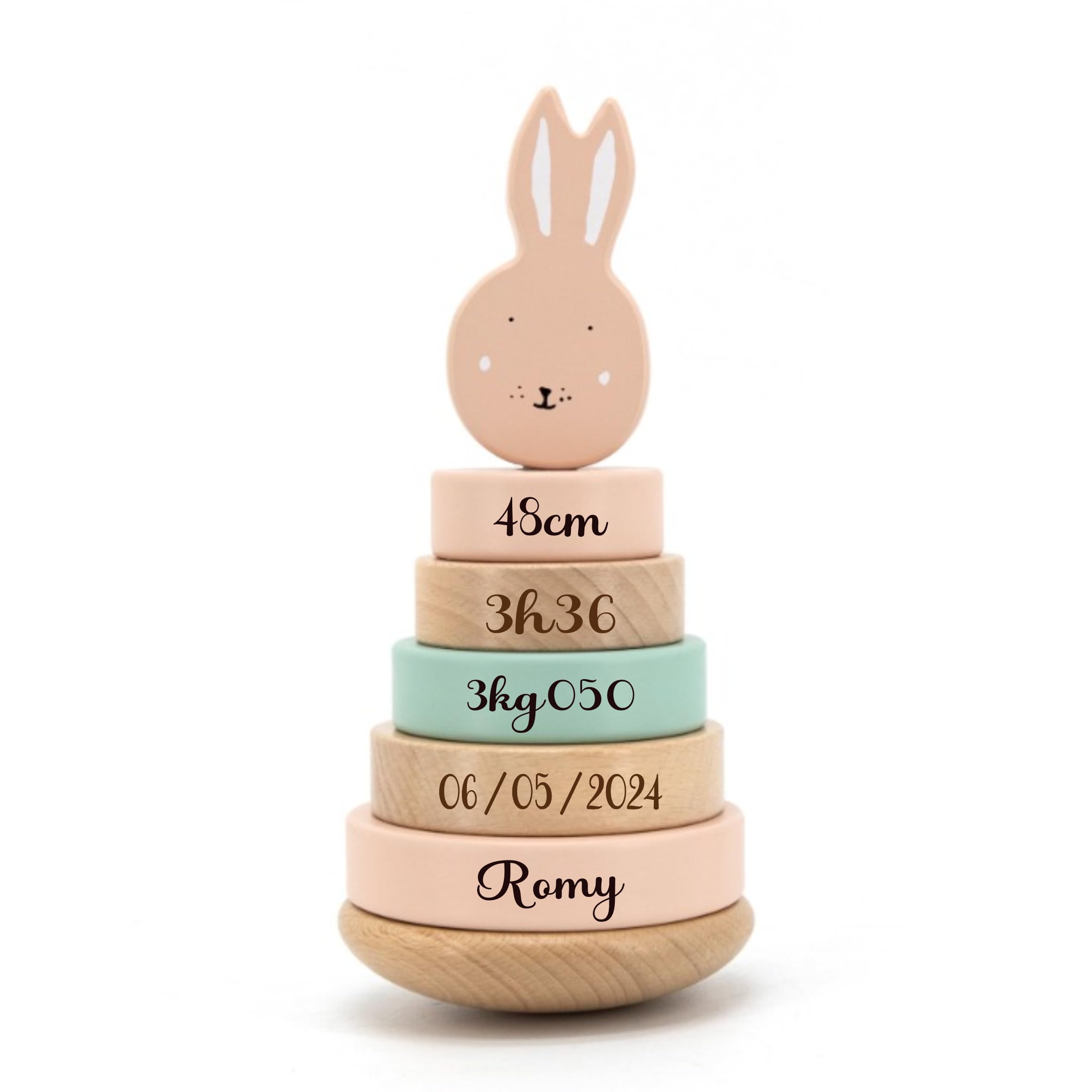Tour de naissance personnalisé - cadeau de naissance trixie, jouet bébé naissance, tour d'anneaux à empiler, décoration chambre naissance, cadeau bébé prénom (Lapin)