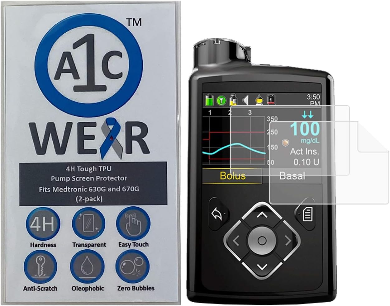 4H Tough TPU Screen Protector for Medtronic 770G 780G 670G 640G 630G 620G Insulin Pumps - Won't Crack or Chip - Anti-Scratch Anti-Fingerprint - 2 Pack