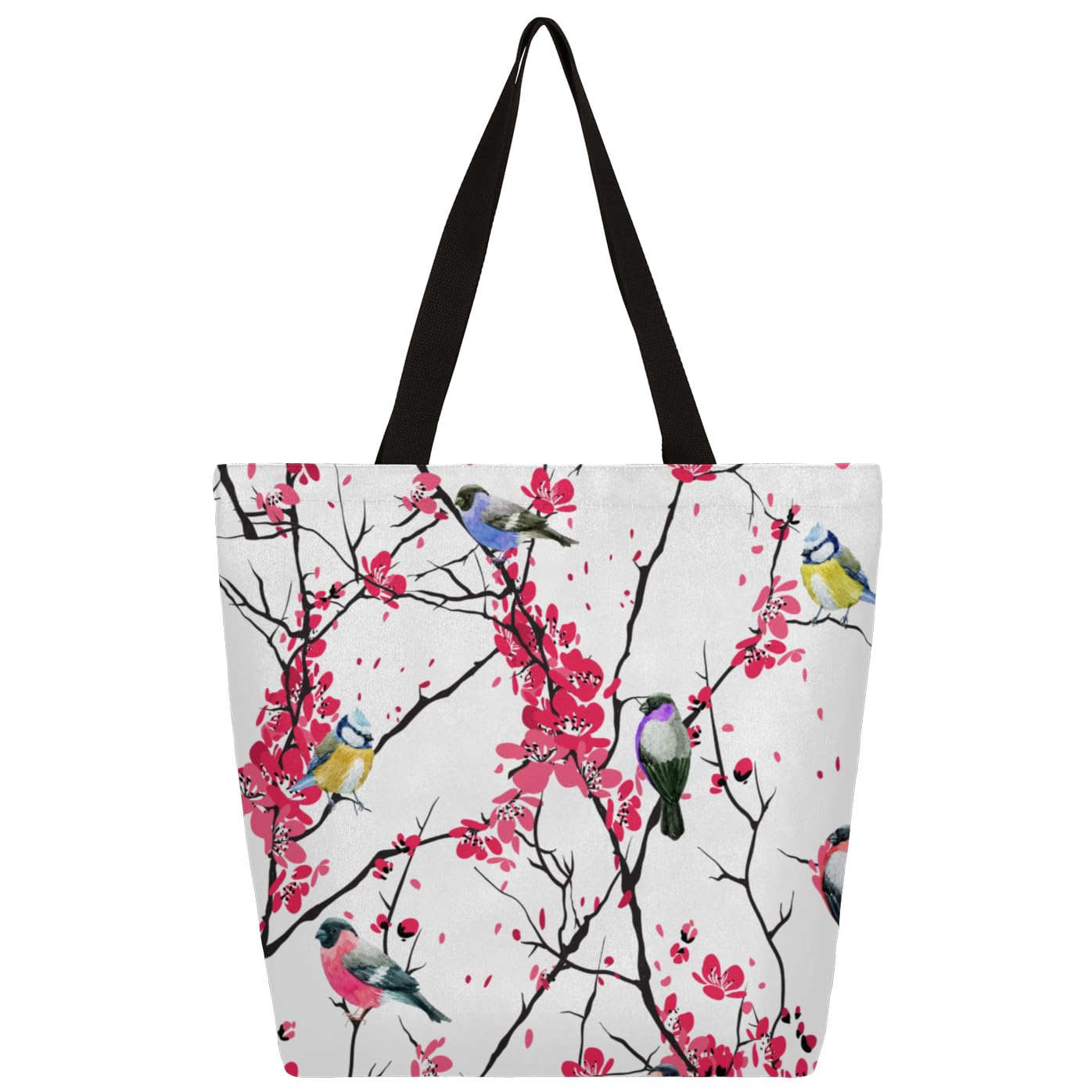 Mularoka Painted Flowers Birds Large Capacity Canvas Tote Bag Stylish Handheld Shoulder Bag Reusable Shopping Bag for Work Travel Beach Trips Shopping