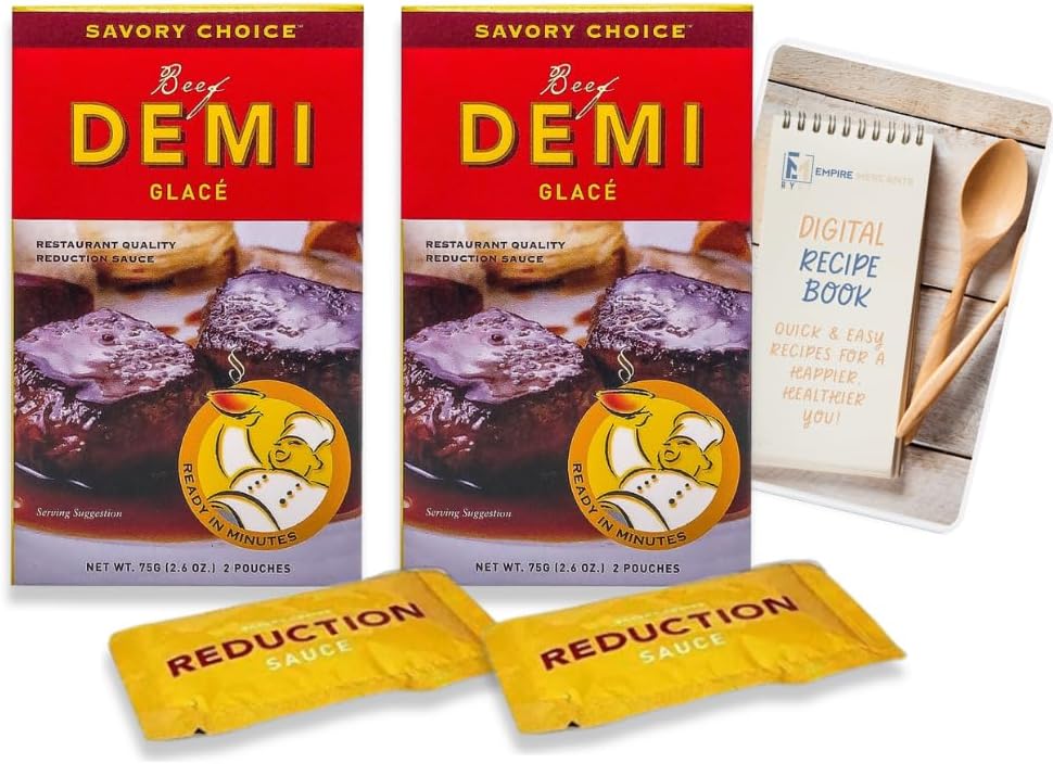Savory Choice Beef Demi Glace Reduction Sauce Pack of 2 Bundle with Digital Recipe Book, 5.2 oz total Low Calorie, Gluten Free, Clean Label, Restaurant Quality Beef Demi Glace Concentrate Packets