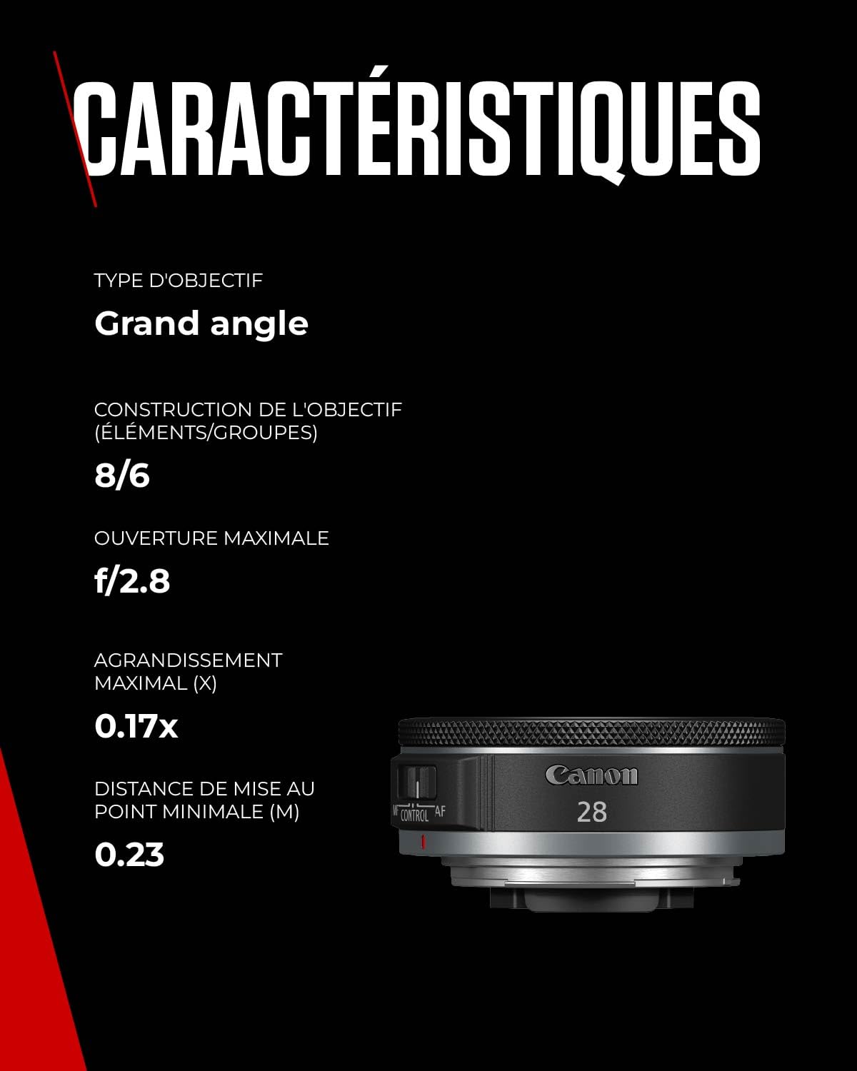 Objectif Canon RF 28 mm F2.8 STM, distance focale large, plein format, design "pancake", photographie paysage/voyage/rue, compatible Canon EOS R