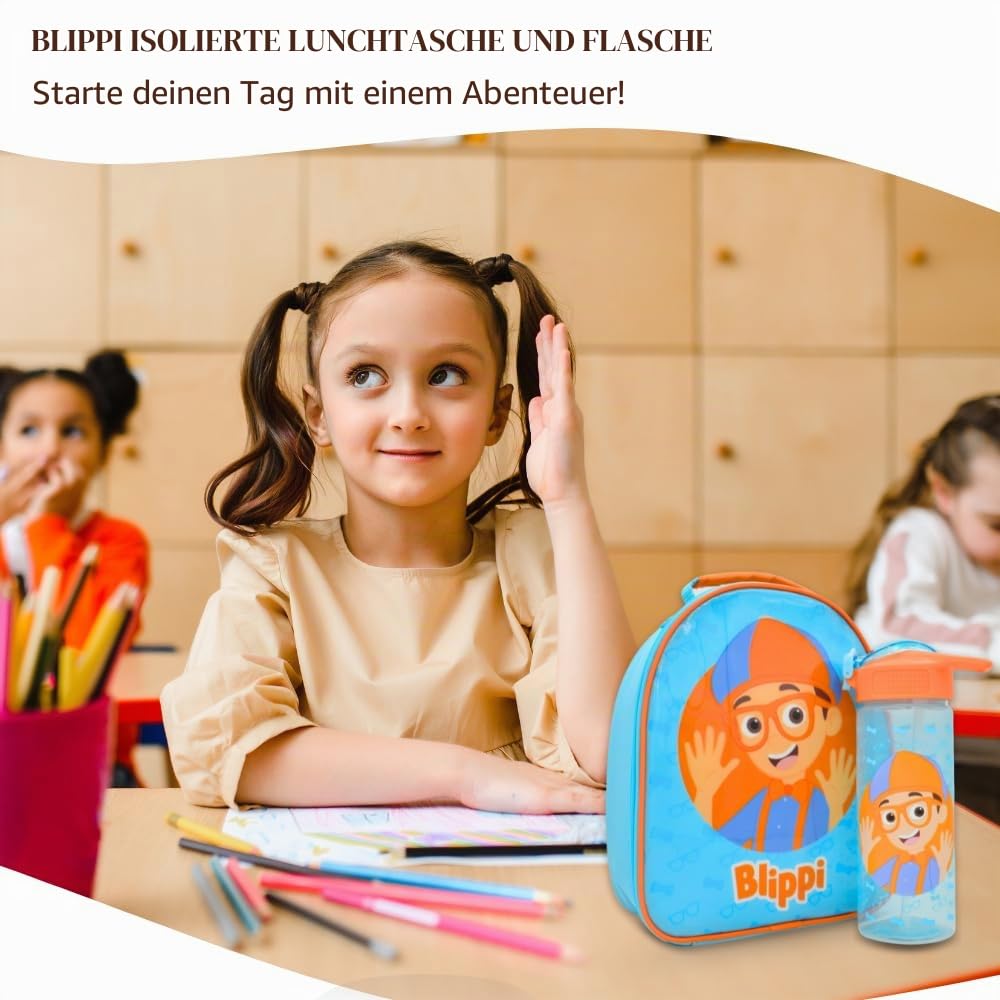 HOX 94833 Blippi Set Kinder Lunchtasche und Wasserflasche mit aufklappbarem Trinkhalm, Polyester