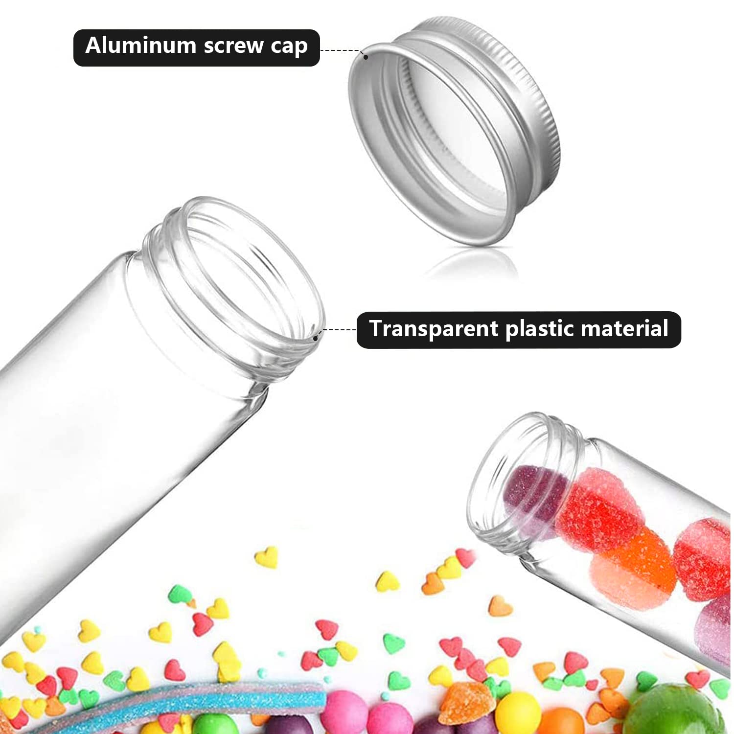 ZIOYA 24 stuks reageerbuisjes van kunststof, 110 ml, met 2 stickers, transparante reageerbuisjes met schroefsluiting voor bloemenvaas, kralen, snoep, planten, bloemenvaas, bruiloft