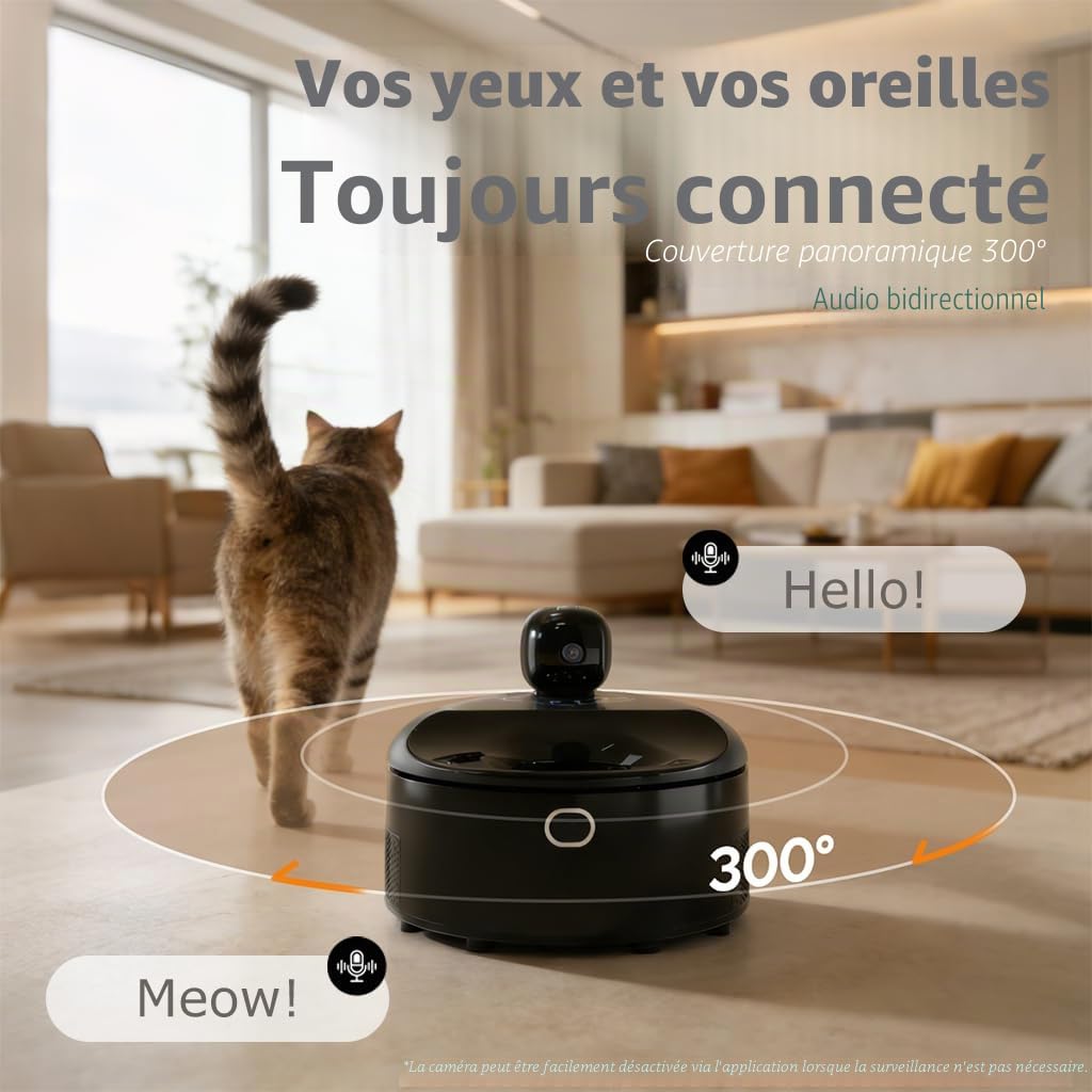 Distributeur automatique de nourriture humide pour chat avec surveillance 2 en 1 réfrigéré avec refroidissement à semi-conducteur, 5 repas frais, contrôlé par application, facile à nettoyer