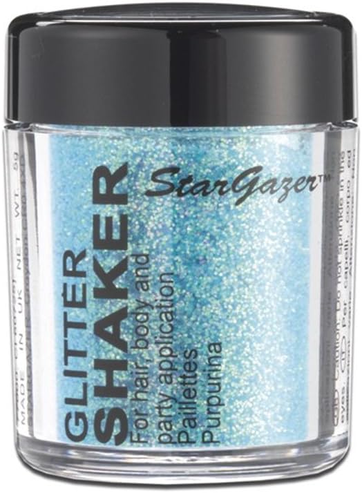 Glitter Shaker, Blue. Cosmetic glitter powder for use on the eyes, lips, face, body, hair and nails.