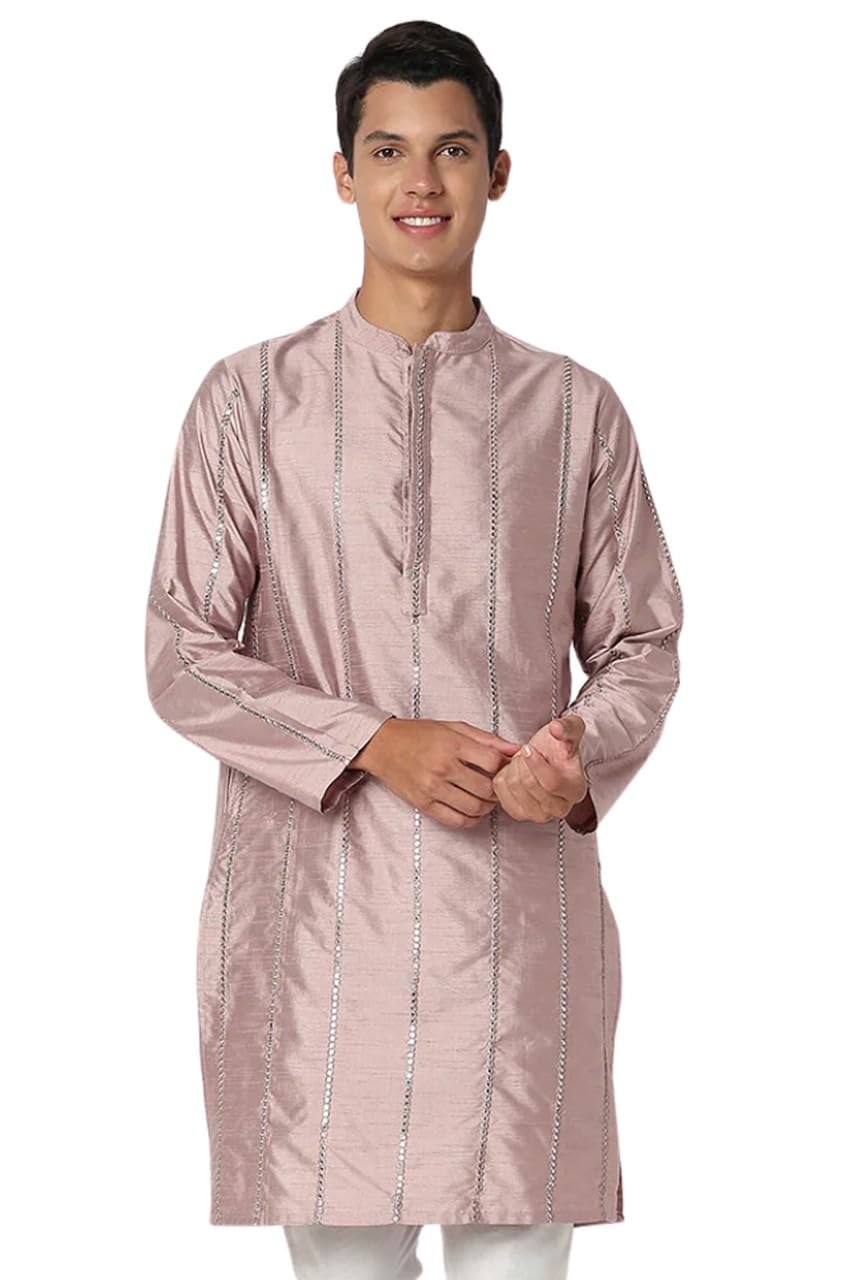 In-Sattva Men's Vertical Pleat Embroidered Banded Collar and Placket Kurta Tunic, Lavender Lilac, XL