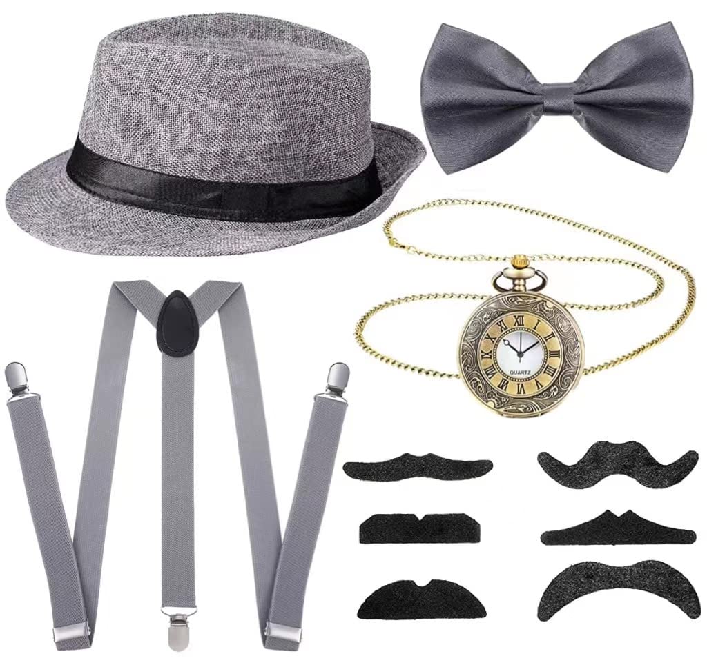 Meiruier MJ Fancy Dress Accessories,Mafia Gatsby Gangster Costume Set 1920s Gangster Set Gatsby Fancy Dress Accessories, Men Costume Kit for Prom Cosplay Event Gangster Party Halloween (Black-7)