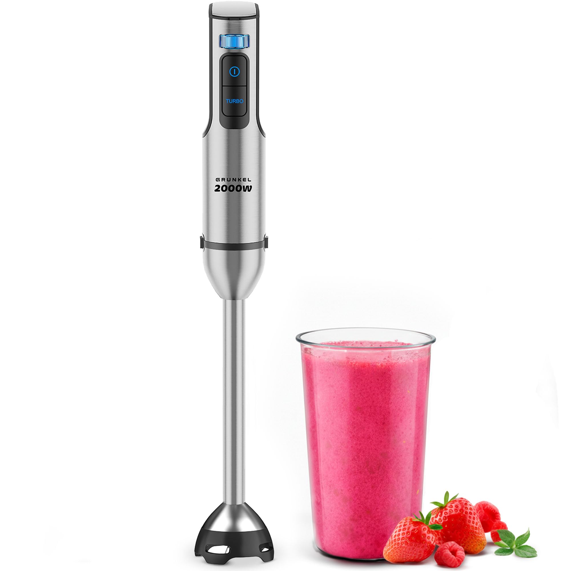 Grunkel - Batidora de Mano Potente de 2000W Acero Inoxidable, Vaso Incluido y Opción Set Accesorios con Varilla, Picadora y Soporte, Encaje Metálico y Base de Silicona, Modelo BM-2000EXTREME, Plateado
