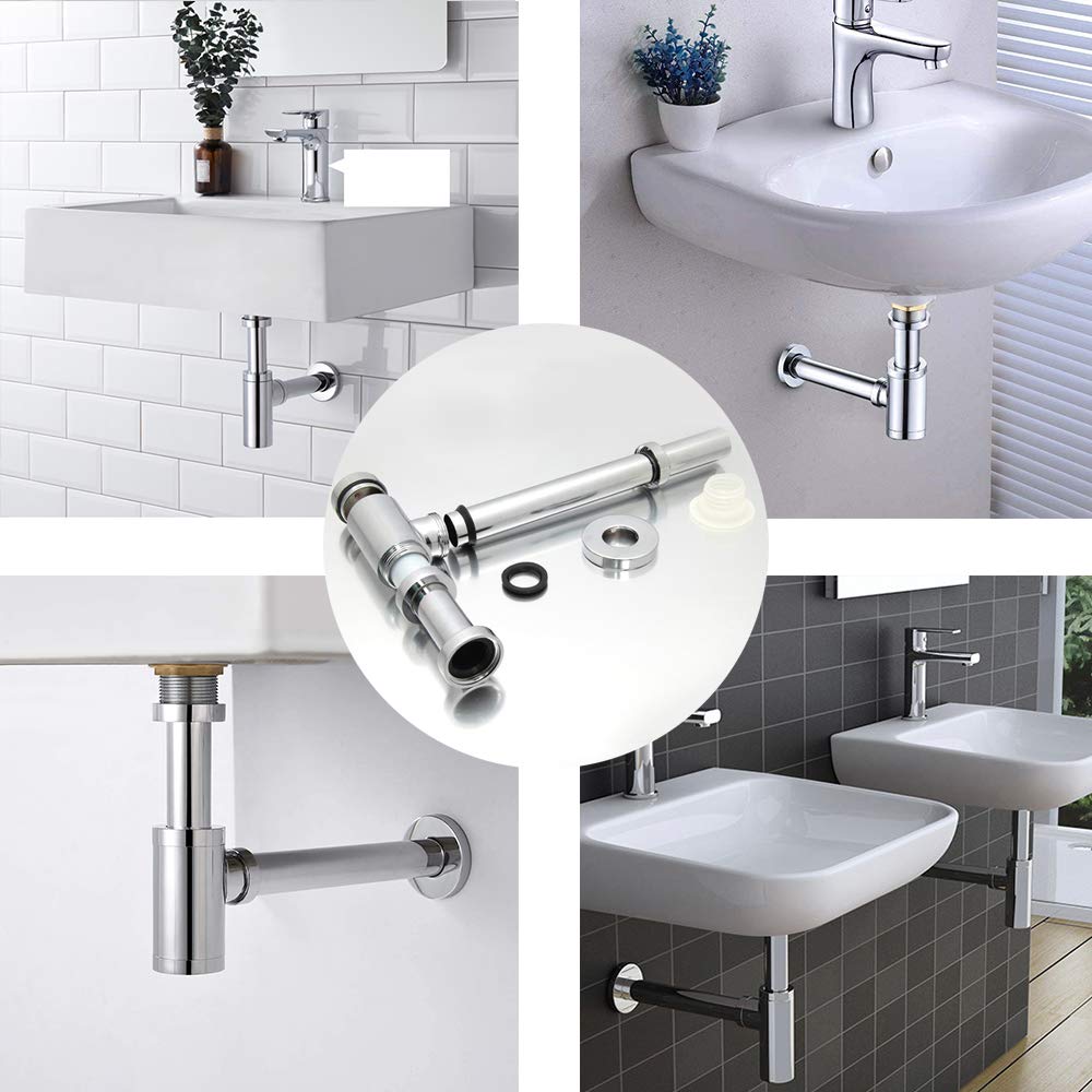 ecoartheating Bathroom Basin P-TRAP Chrome Brass Sink Waste Trap Sink Drain Pipe Kit