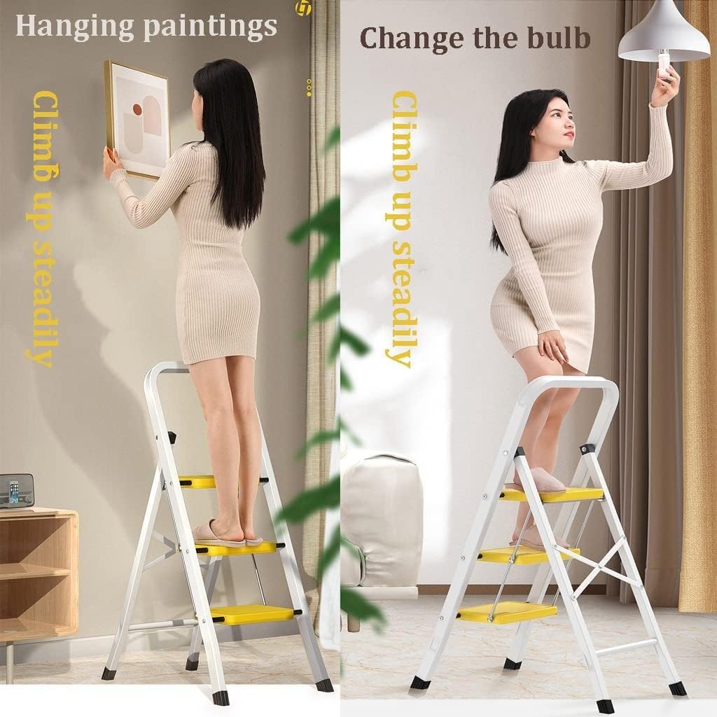 Telescoping Extension Ladder, Wide Pedal Ladder,Yellow Step Ladder 3 Step Folding,Small Ladder Ladder Folding Step Stool with Wide Pedal Lightweigh Portable Ladders for Home (Color