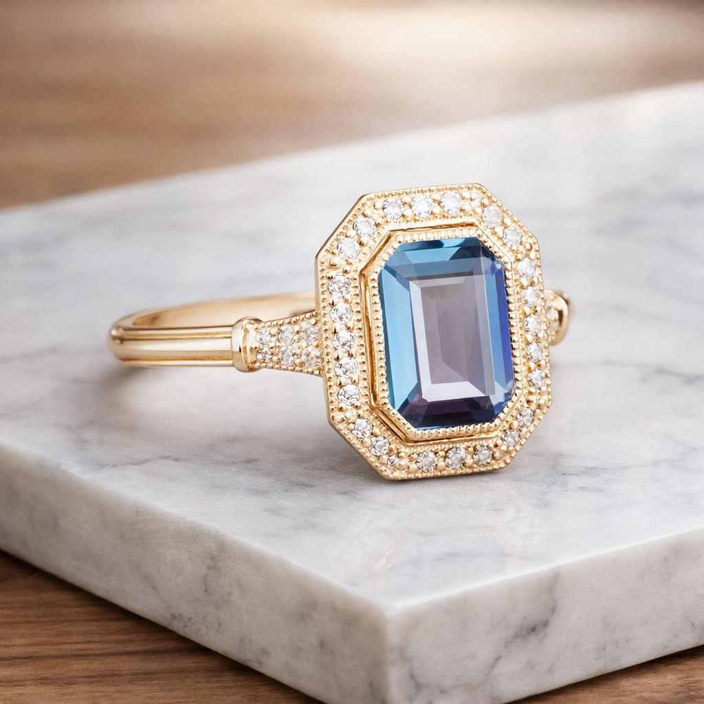 Emerald Cut Blue Topaz Engagement Ring for Women 18K Rose Gold Diamond Halo Art Deco Personalized Bridal Jewelry Gift for Wife