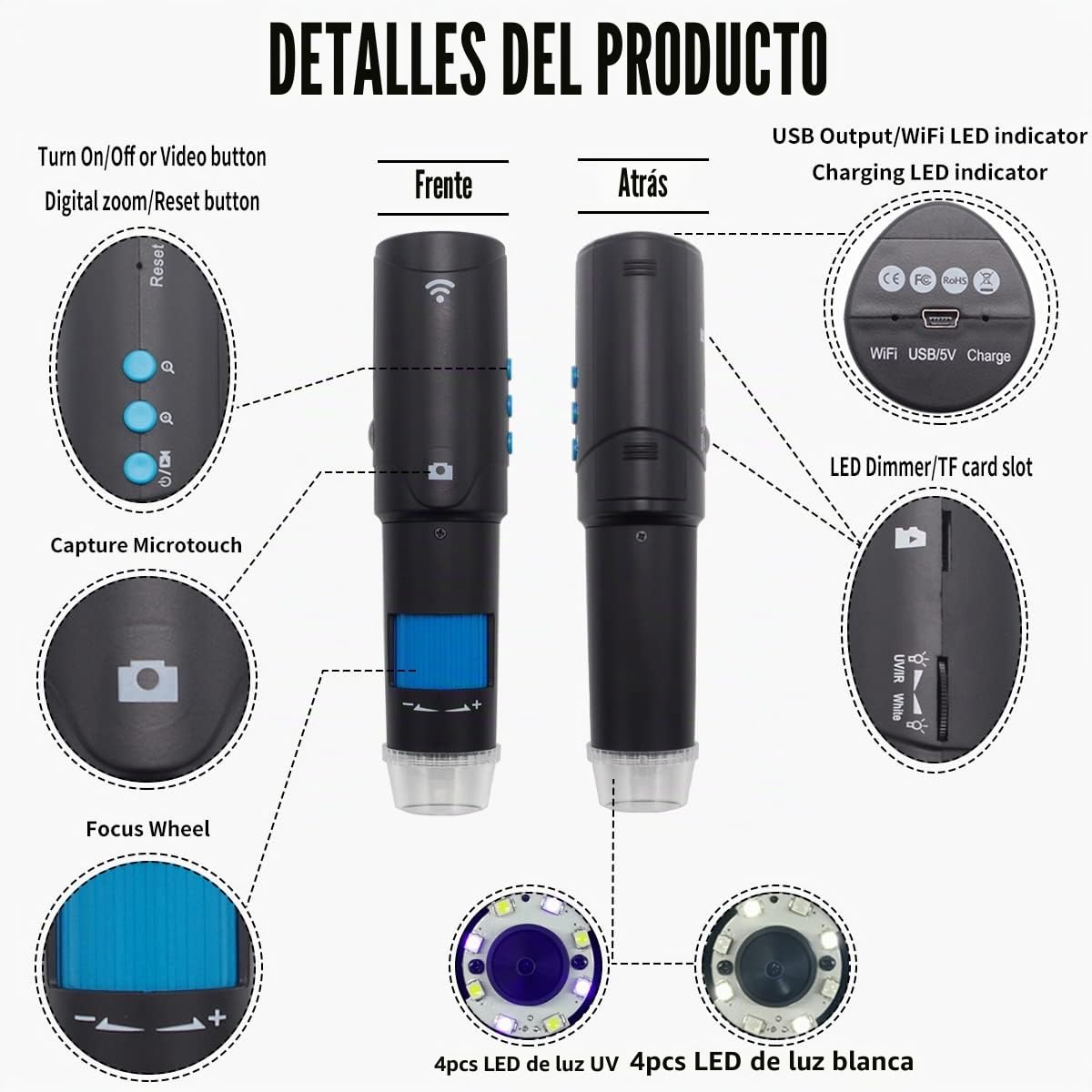 Microscopio Digital Inalámbrico USB con WiFi UV, Dermatoscopio para iPhone, Android, Teléfono, Mac, Windows, con Batería Reemplazable (DM023B)