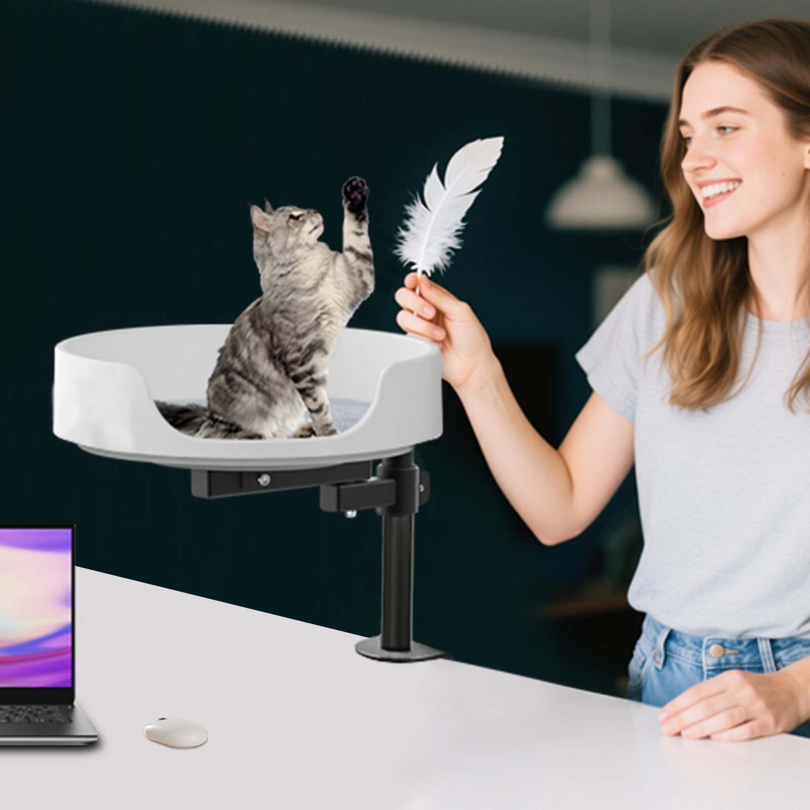 Höhenverstellbares Katzenbett für Schreibtisch 360° Drehbarer Katzenplatz mit Zwei verstellbaren Armen Haustierkissen inklusive