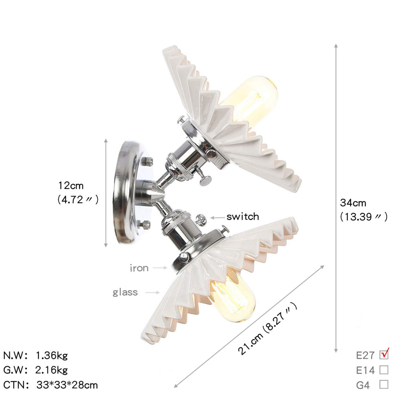 Lámparas de pared de 2 luces, pantalla de cerámica blanca, iluminación de pared de metal con interruptor, apliques de pared nórdicos para dormitorio y baño,Cromo