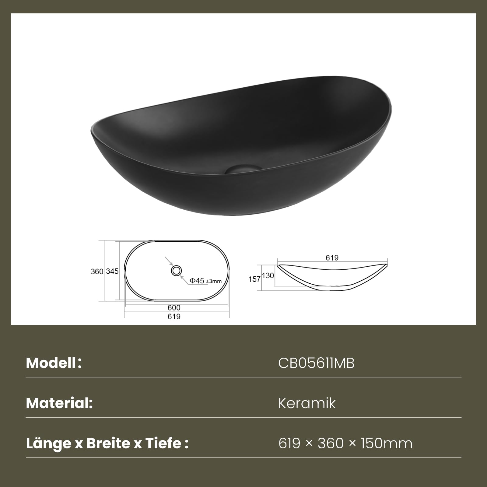 EMKE Aufsatzwaschbecken oval, Keramik Waschbecken Bad 61,9 x 36 x 15,7 cm, Waschtisch Schwarz Matt, Waschschale ohne Hahnloch, Handwaschbecken für Badezimmer und Hotel