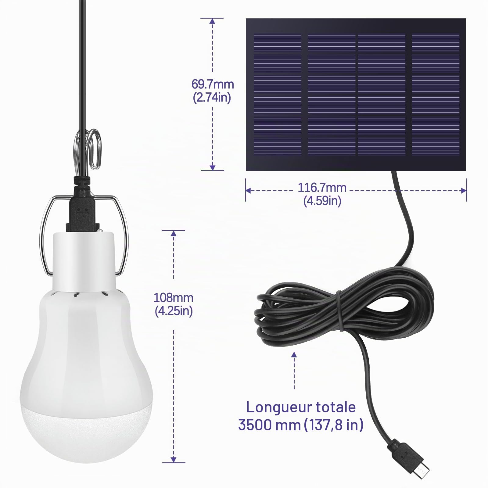 Ampoule solaire LED d'extérieur avec câble de 3,5 m - Lanterne solaire de camping - Lampe suspendue avec panneau solaire - Lampes solaires à suspendre - Ampoule 3 W pour l'extérieur et l'intérieur