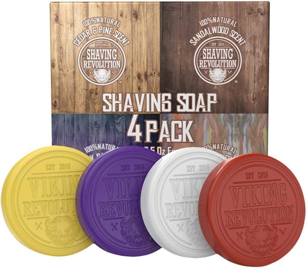 Viking Revolution Sapone da Barba Uomo - Sapone da Rasatura per Uso con Spazzola e Ciotola - Rasatura a Umido più Morbida - Confezione Assortita da 4 Saponette per Rasatura da 70 g.