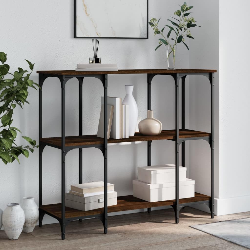 SXZenSpace Console Table Brown Oak 102x35x90 cm Engineered Wood & Metal Frame, Hallway Side with Adjustable Feet, Slim Sofa for Living Room Corridor Bedroom
