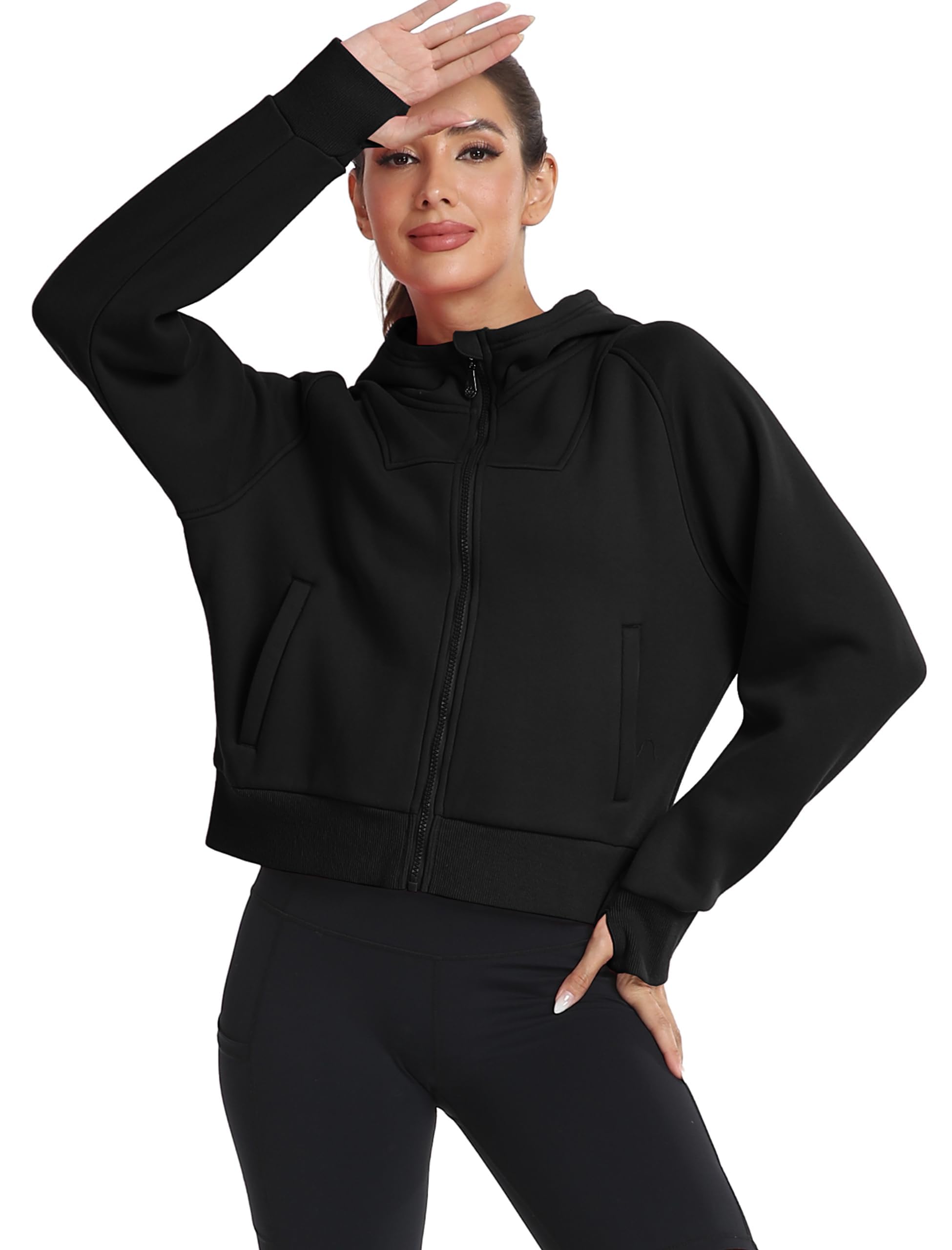 MoFiz Vestes de Sport Femme Sweats à Capuche Doublé Polaire Chaud Veste de Course Manche Longue avec Zip