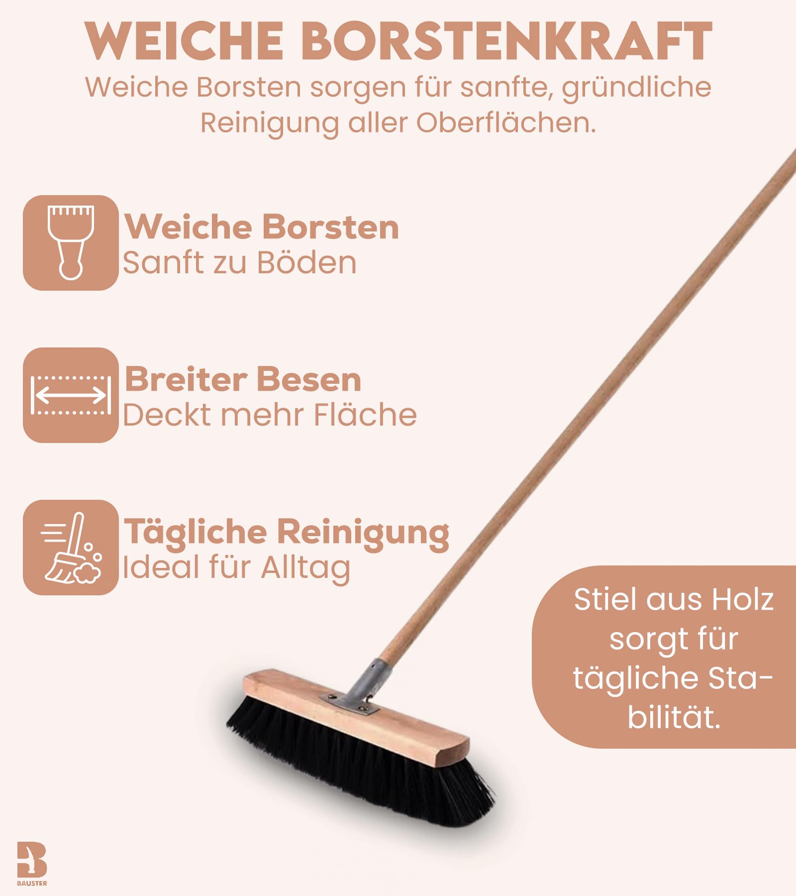 Straßenbesen 2er Set – Besen mit Holzstiel & weichen Borsten - Besen 500 mm + Stiel 120cm – Außenbesen für Hof, Werkstatt & Garage – Kehrbesen für feinen Schmutz