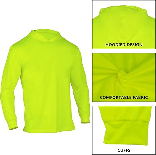 Miniatura 6 de Camisas de manga larga de seguridad de alta visibilidad para hombre, paquete de 3 camisas de trabajo de construcción con capucha (amarillo, XL)