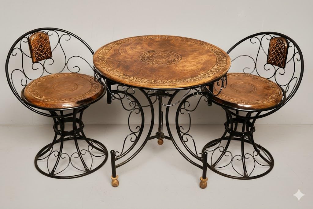 Urban Art Store Wood & Wrought Iron Decorative Mooda Chairs with Foldable Round Table Set of 3 (Set of 3) - Brown & Black-image-34