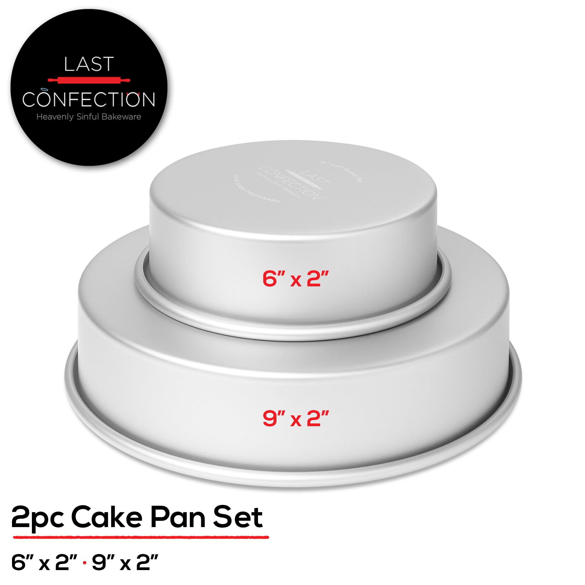 LAST CONFECTION Juego de 2 moldes redondos para tartas, incluye sartenes de aluminio de 6 y 9 pulgadas, 2 pulgadas de profundidad