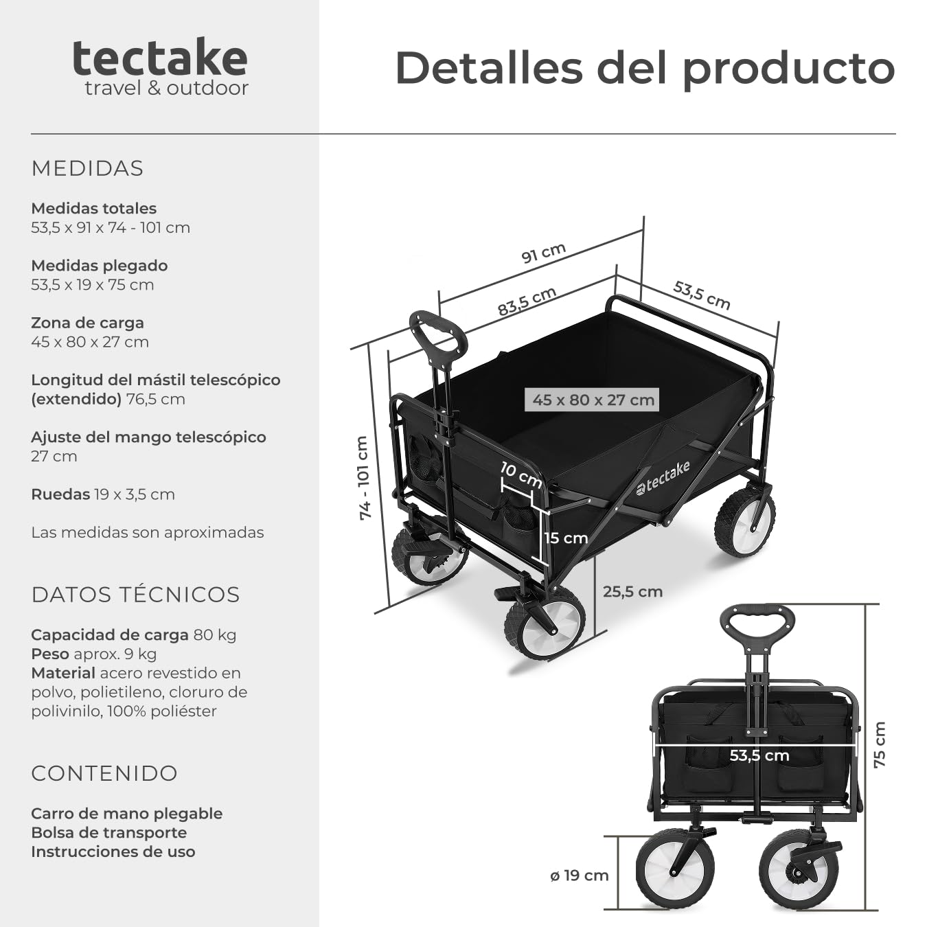 tectake® Carro Plegable para Jardín, Carro Transporte en Acero, Carrito Playa con Asa Telescópica, Carretilla Jardín con Lona Extraíble, Carro Camping Multiuso con Bolsa Transporte, Carga 80 kg, Negro