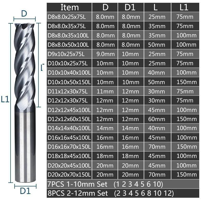 Frezy płaskie, 4 flety, frezy z twardego metalu HRC 45 TiALN, powlekane CNC, frezy trzpieniowe, 8 x 40 x 150 x 8T