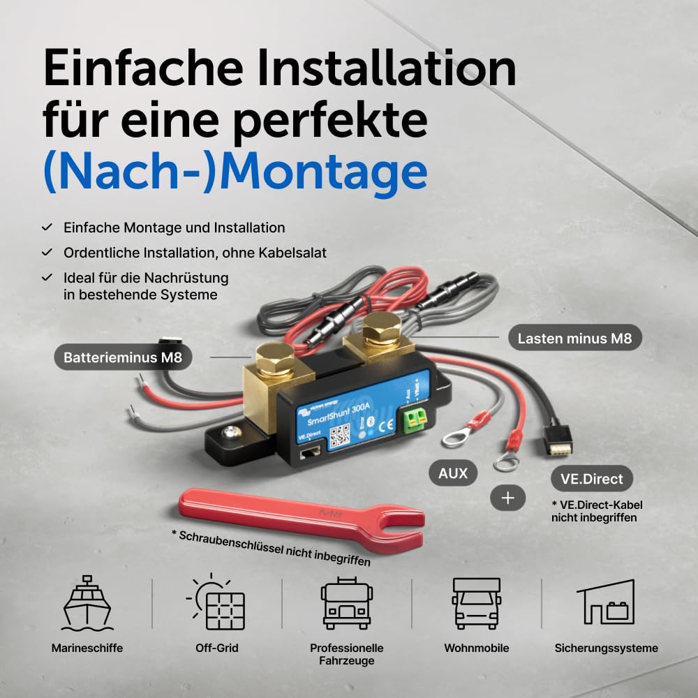Victron Energy SmartShunt 300A - 50mV - Smart Shunt Batteriewächter (Bluetooth) | Victron Bluetooth Smart Shunt mit detaillierten In-App-Insights