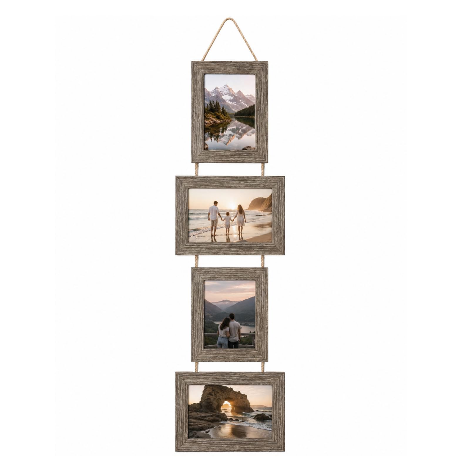Hanging Photo Frame 6x4, Quadruple Collage Picture Frame with Twine, Vertical 4 Opening Wall Mounted Photo Display Frame for Living Room Bedroom Hallway Home Decor (Grey)