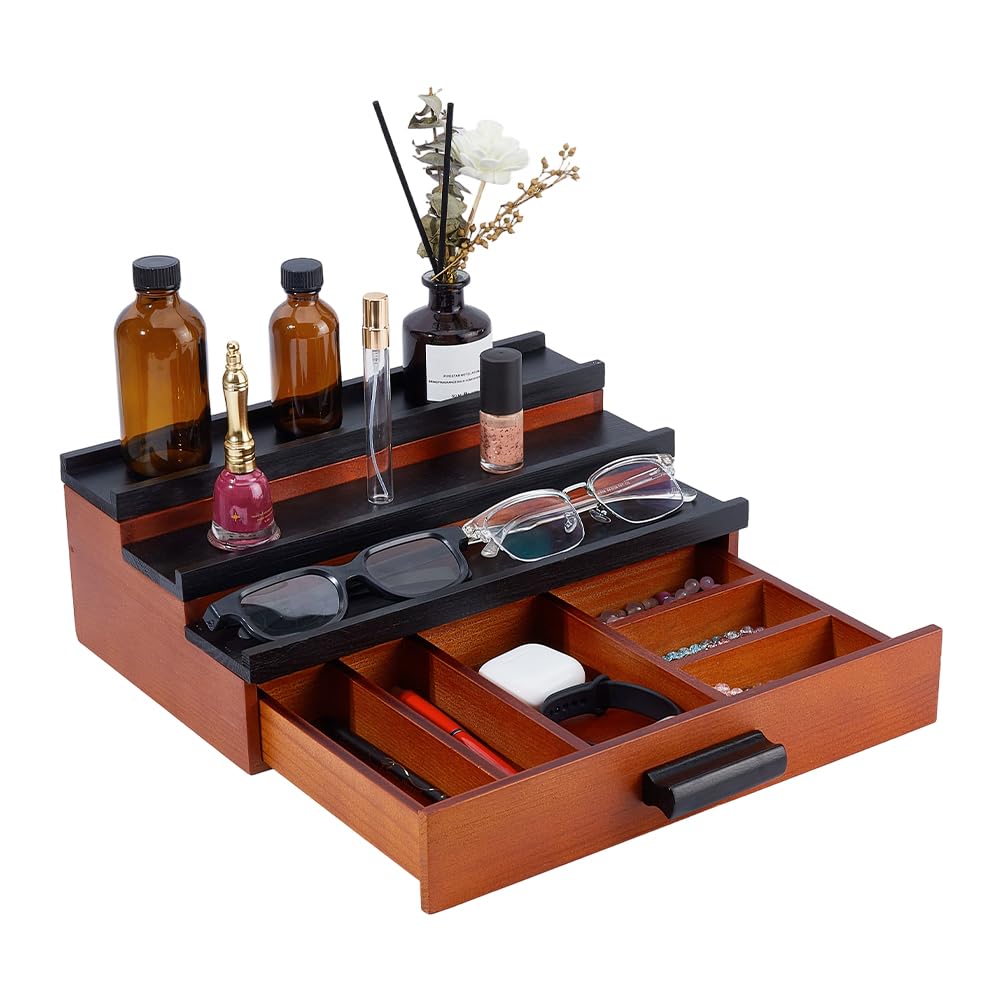 DICOSMETIC Organizer per acqua di colonia, in legno, per uomini, 3 piani, colonia, supporto per acqua con scomparto nascosto e cassetto in legno, organizzatore per profumi da scrivania, scaffale per