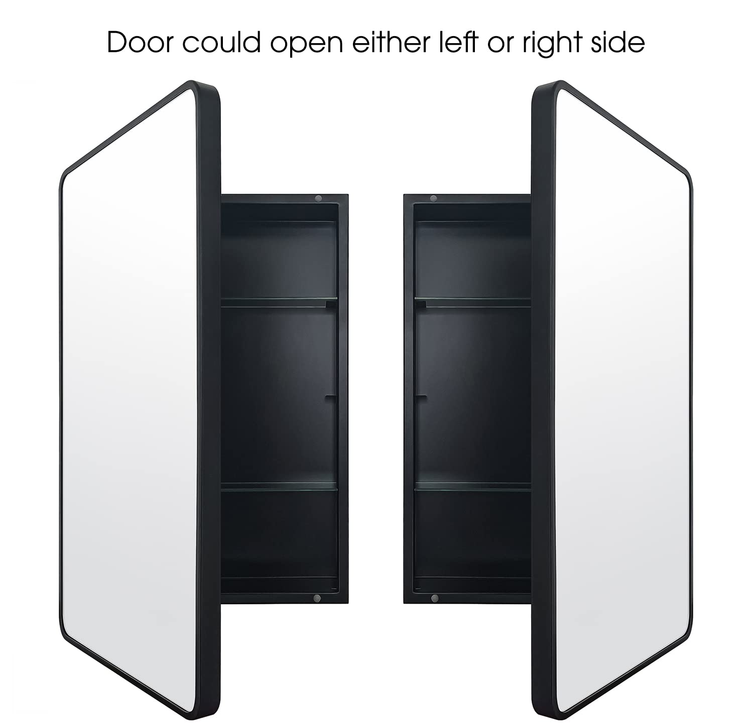 FOMAYKO Farmhouse Black Metal Framed Recessed Bathroom Medicine Cabinet with Mirror Rounded Rectangle Vanity Mirros for Wall 16x26 inch