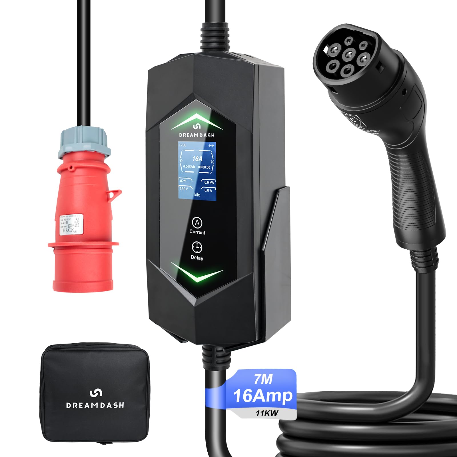 Colonnina Ricarica Auto Elettrica 11kw tipo 2 a Rossa CEE 16A Trifase 5 pin, Cavo 7m, Wallbox Caricatore Regolabile 6-16A 1-12 ore, IP65, -30 ℃ a 50 ℃, Carica Batteria Portatile per BEV & PHEV