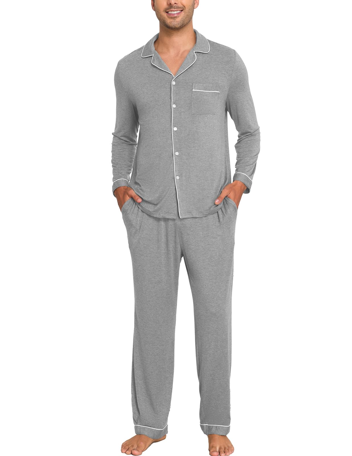 Veseacky Mens Pajamas Set Long Sleeve Soft Pajamas for Men Button Down Sleepwear Pjs Lounge Sets with Pockets S-2XL