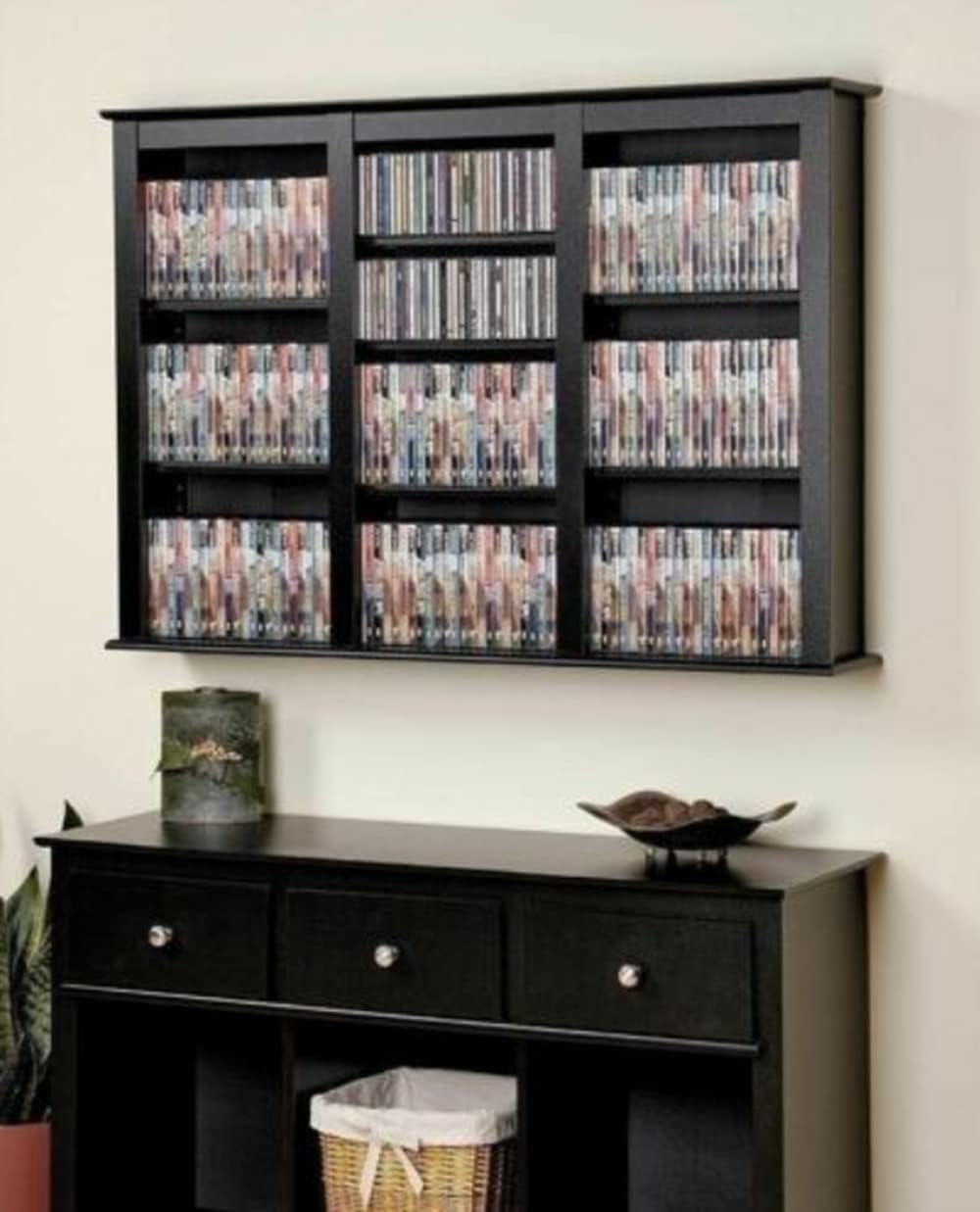 Black Finish Wooden Media Storage Cabinet CD DVD Organizer Wall Mount Shelf Material: Laminated Composite Woods Capacity: 523 CDs, 213 DVDs, 408 Blu-Ray Discs, 124 VHS Cassettes Home Furniture