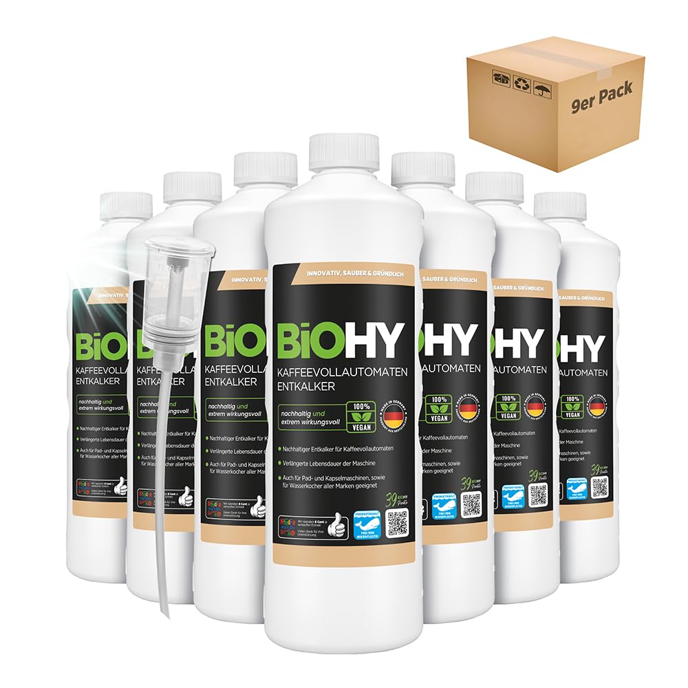 BiOHY Descalcificador de cafetera (9 botellas de 1 litro) + Dosificador | Ideal para descalcificar todas las cafeteras y máquinas de espresso | Apto para todas las marcas conocidas (Kaffee Entkalker)