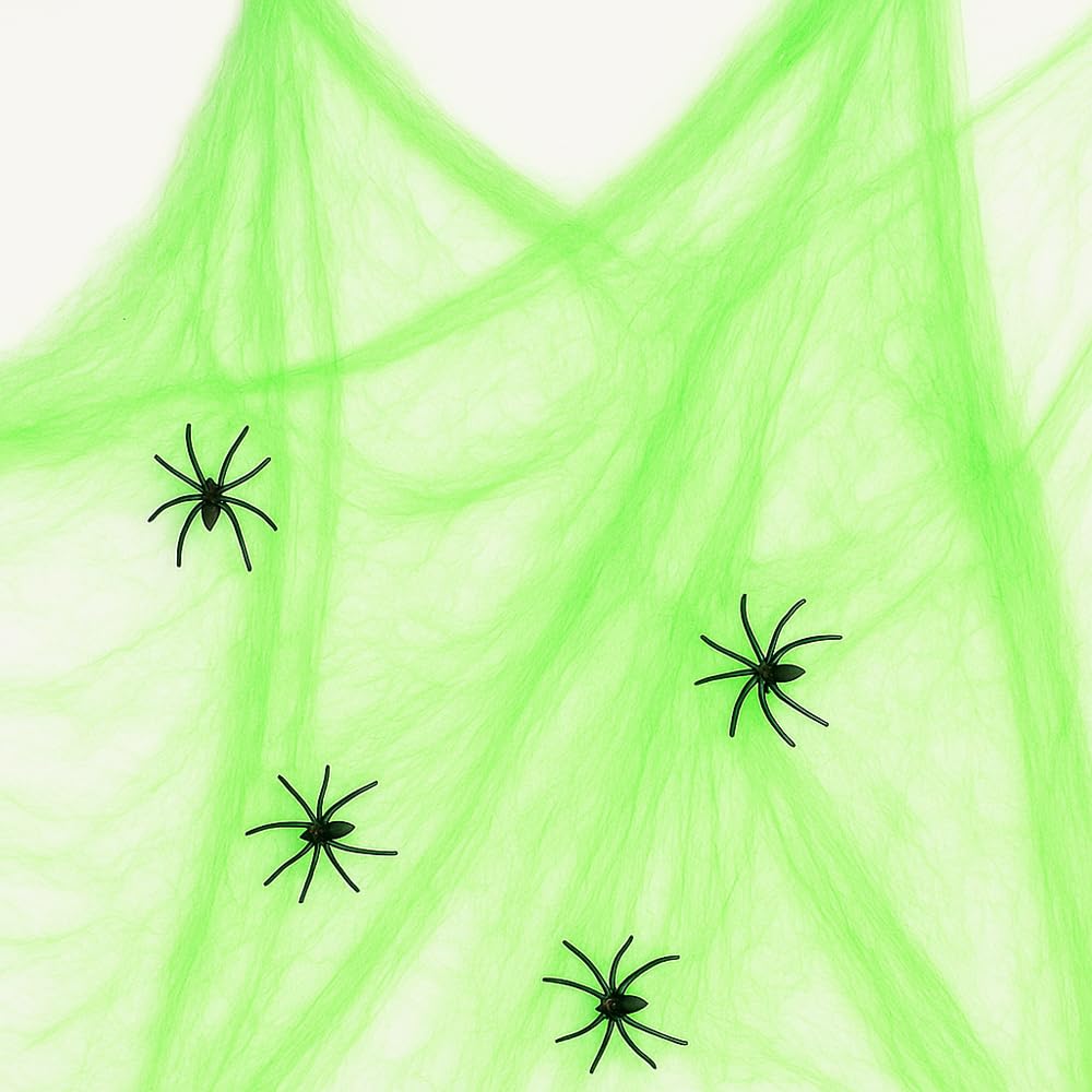 BrainGiggles Glow in the Dark Spider Web – Stretchable Halloween Decorations with 4 Plastic Spiders – Glowing Cobweb for Indoor & Outdoor Haunted House Decor – Halloween Decor and Supplies