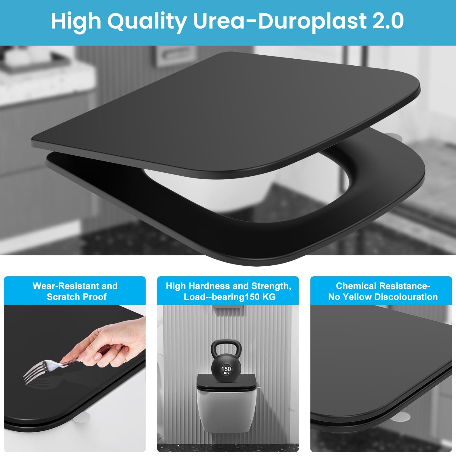 Sedile WC Quadrato Softclose nero, Tavoletta WC in Duroplast Antigraffio, Copriwater Rimovibile Quick Release, Facile da Pulire, incluso modello di installazione, 42,3 x 36,1 cm